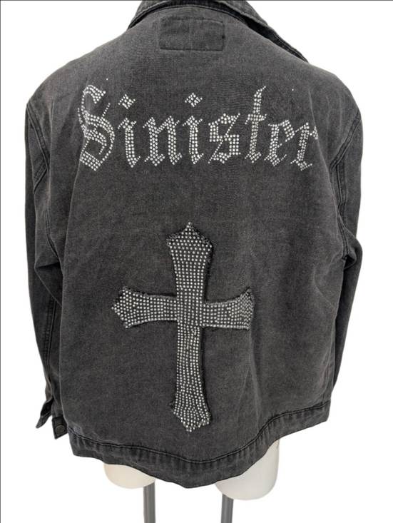 Jackets & Blazers - Denim Jacket 'Sinister' Cross Written In Rhinestones  Black Denim Jacket  Sz L